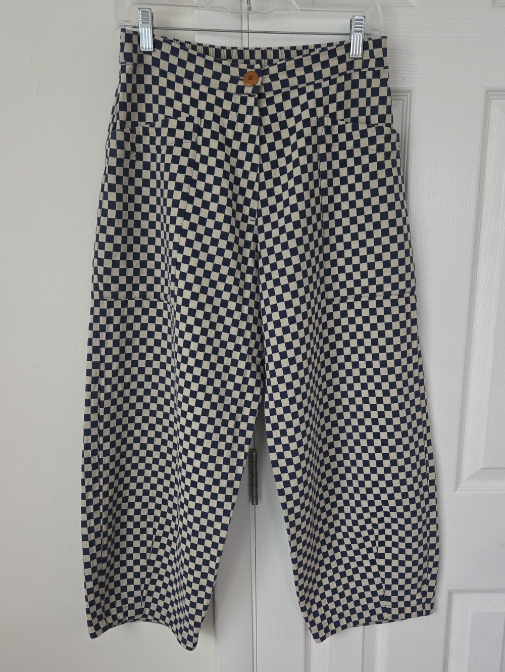Ilana Kohn Chibi Checked Barrel Leg Pants Navy Tan Cotton Size M NWOT